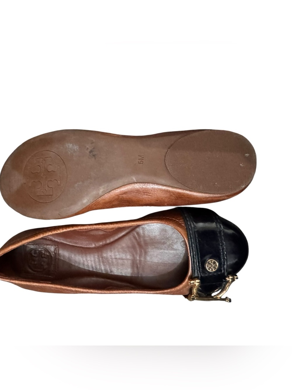 Tory Burch Tan & Black Leather Ballet Flats size 5M - Picture 4 of 13